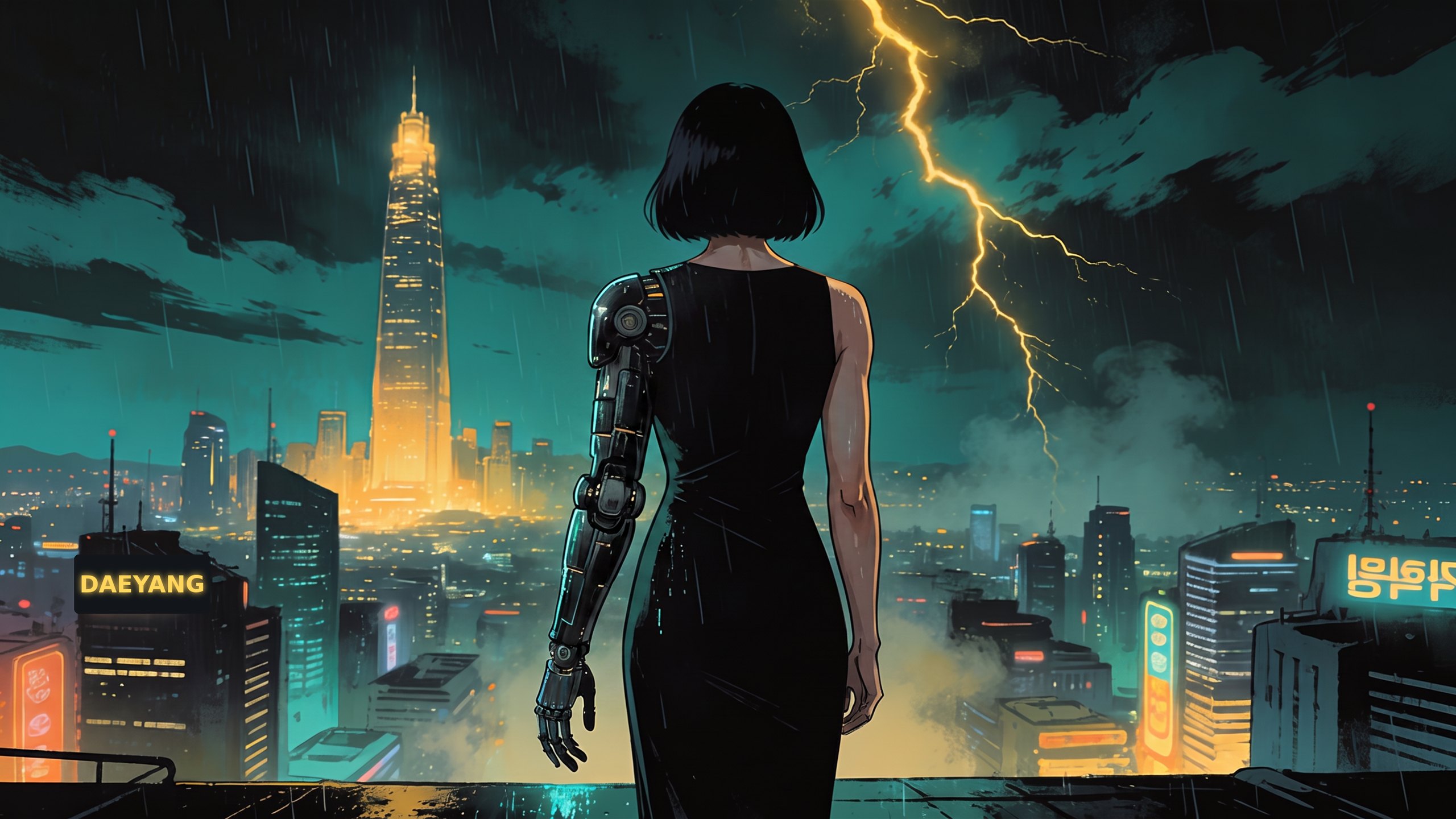 Han Mi-rae stands on a rooftop in the rain, her metal arm dark, facing the glowing Daeyang tower as lightning breaks over New Seoul.